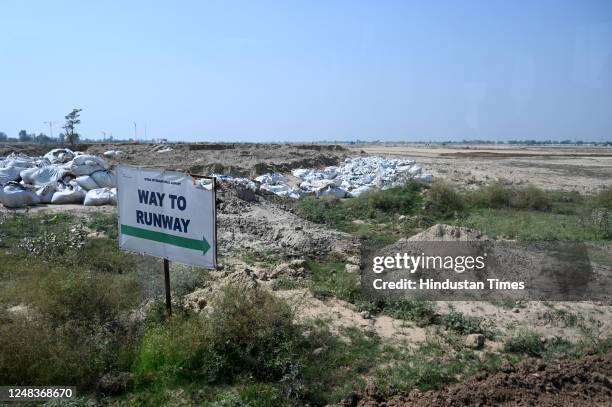 View of ongoing construction and layering work going on for the north runway of Noida International Airport which will be 3.9 kilometers long, in...