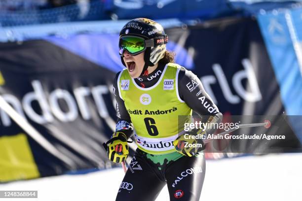 Federica Brignone of Team Italy celebrates during the Audi FIS Alpine Ski World Cup Finals Men's and Women's Super G on March 16, 2023 in Soldeu,...