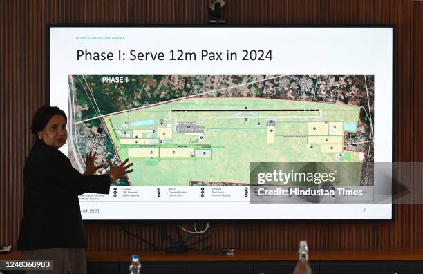 Chief operating officer of Noida International Airport, Kiran Jain, briefing about the current construction status of the airport that is likely to...