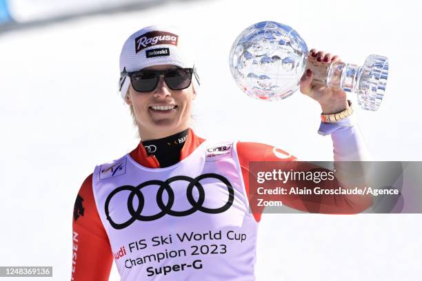 Lara Gut-behrami of Team Switzerland wins the globe in the overall standings during the Audi FIS Alpine Ski World Cup Finals Women's Super G on March...