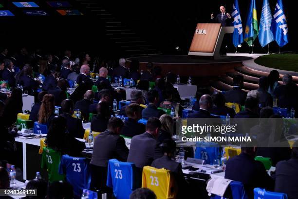 President Gianni Infantino speaks after his reelection during the 73rd FIFA Congress in Kigali, Rwanda, on March 16, 2023. - Gianni Infantino has...