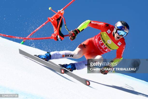 Swiss Marco Odermatt competes in the Men's Super G during the FIS Ski World Cup Finals in El Tarter, Andorra on March 16, 2023.