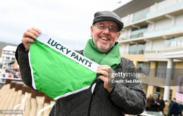 Gloucestershire , United Kingdom - 16 March 2023; Racegoer Dave Winfield, with his 'Lucky Pants' ahead of racing on day three of the Cheltenham...