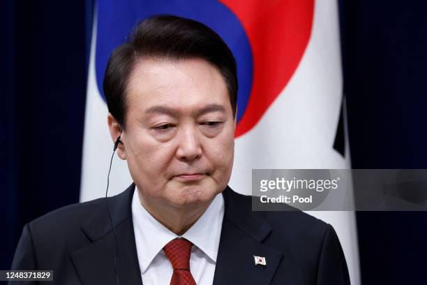 Yoon Suk Yeol, South Korea's president, attends a joint news conference with Fumio Kishida, Japan's prime minister, not pictured, at the prime...
