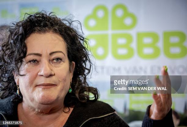 Farmer-Citizen Movement or BBB leader Caroline van der Plas speaks during a brunch at the party office of the BoerBurgerBeweging, a day after the...