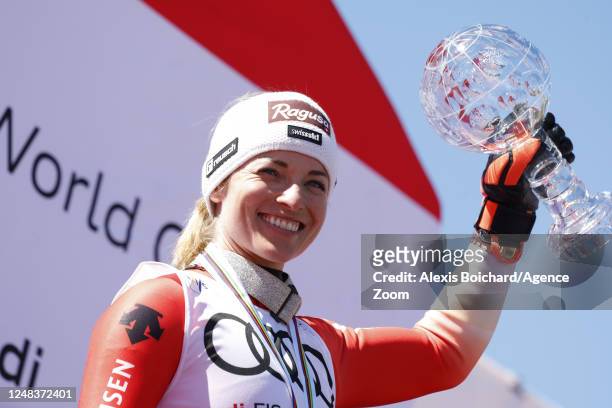 Lara Gut-behrami of Team Switzerland wins the globe in the overall standings during the Audi FIS Alpine Ski World Cup Finals Women's Super G on March...