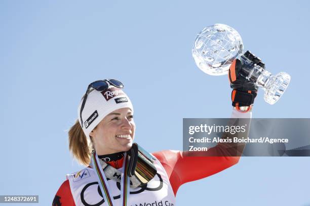 Lara Gut-behrami of Team Switzerland wins the globe in the overall standings during the Audi FIS Alpine Ski World Cup Finals Women's Super G on March...