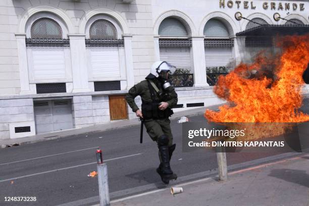 Clashes during a rally on the 24-hour Panhellenic General Strike in Athens, Greece on March 16, 2023. Public sector associations called a 24h general...