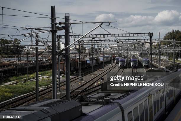 Empty railway and parked trains at Renti Railway Station, in Athens, Greece during a 24-hour strike, in Athens, Greece, on Thursday, March 16, 2023....