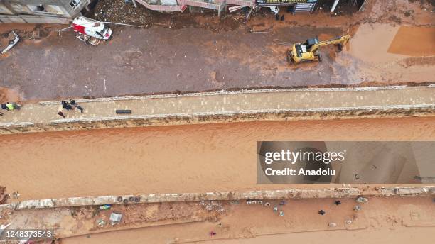 An aerial view of the flooded Karakoyun stream as cleaning works continue after flood hit Sanliurfa, Turkiye on March 16, 2023.