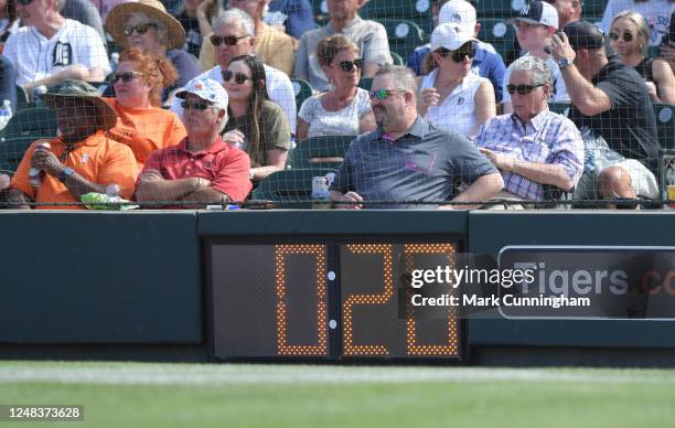 Detailed view of the pitch clock behind home plate during the Spring Training game between the New York Yankees and the Detroit Tigers at Publix...