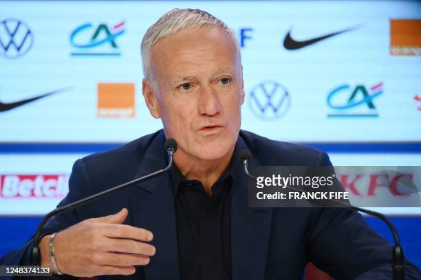France's head coach Didier Deschamps holds a press conference to announce the French squad for upcoming UEFA Euro 2024 football tournament qualifying...