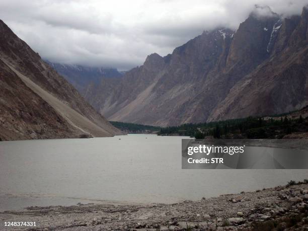 In this picture taken on May 13 shows a view of a lake caused by landslide in the Hunza district of northern Pakistan. Pakistan's army said that it...