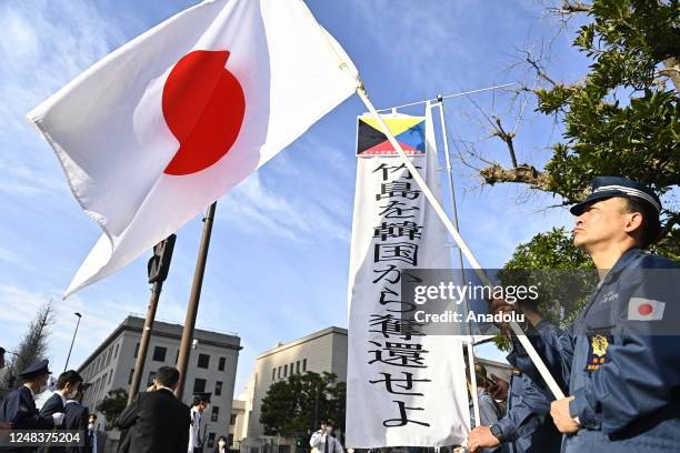 Members of the largest right-wing organization in Japan called All Japan Patriotic Organization, gather in front of the Prime Minister office on...