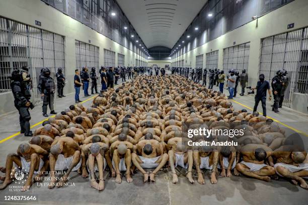 The arrival of inmates belonging to the MS-13 and 18 gangs to the new prison 'Terrorist Confinement Center' , in Tecoluca, 74 km southeast of San...