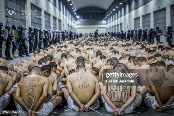 The arrival of inmates belonging to the MS-13 and 18 gangs to the new prison 'Terrorist Confinement Center' , in Tecoluca, 74 km southeast of San...