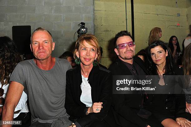 Sting, Trudy Styler, Bono and Alison Hewson attend the Edun Spring 2012 fashion show during Mercedes-Benz Fashion Week at 330 West Street on...