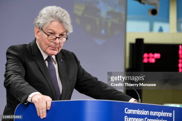 Commissioner for Internal Market Thierry Breton talks to media in the Berlaymont, the EU Commission headquarter on March 16, 2023 in Brussels,...