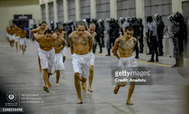 The arrival of inmates belonging to the MS-13 and 18 gangs to the new prison 'Terrorist Confinement Center' , in Tecoluca, 74 km southeast of San...