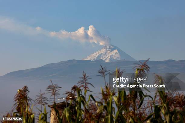 Cotopaxi volcano continues to emit a plume of gas and vapor on March 16, 2023 in Quito, Ecuador. According to the Geophysical Institute of Ecuador,...
