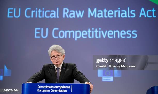 Commissioner for Internal Market Thierry Breton talks to media in the Berlaymont, the EU Commission headquarter on March 16, 2023 in Brussels,...