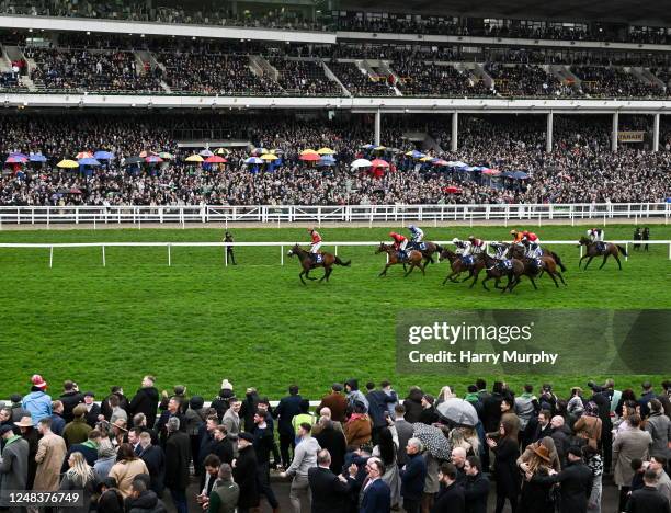 Gloucestershire , United Kingdom - 16 March 2023; A general view of the runners and riders in the Pertemps Network Final Handicap Hurdle during day...