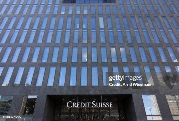 The logo of Swiss bank Credit Suisse is seen the day after its shares dropped approximately 30%, on March 16, 2023 at its Oerlikon office building in...