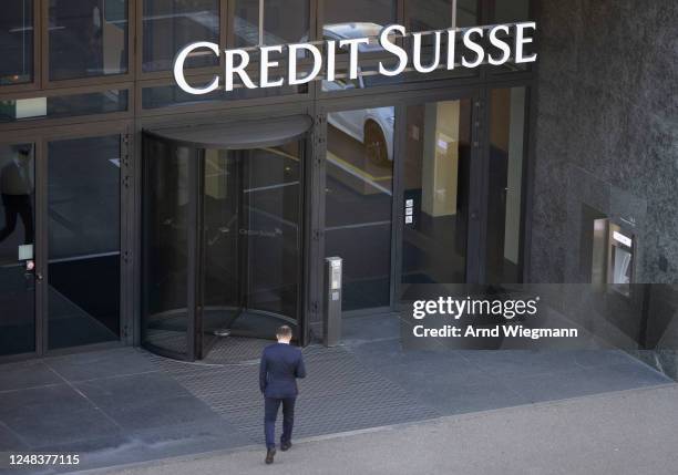 The logo of Swiss bank Credit Suisse is seen the day after its shares dropped approximately 30%, on March 16, 2023 at its Oerlikon office building in...