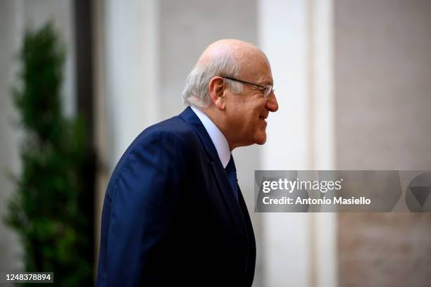 Lebanese Prime Minister Najib Mikati meets Italian Prime Minister Giorgia Meloni before their meeting at Palazzo Chigi, during his official visit on...