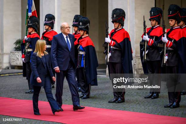 Italian Prime Minister Giorgia Meloni welcomes Lebanese Prime Minister Najib Mikati before their meeting at Palazzo Chigi, during his official visit...