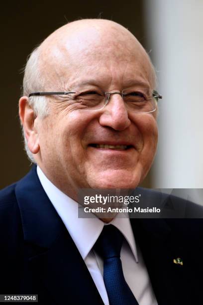 Lebanese Prime Minister Najib Mikati meets Italian Prime Minister Giorgia Meloni before their meeting at Palazzo Chigi, during his official visit on...