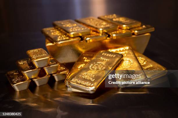 March 2023, Bavaria, Munich: Gold bars of different sizes lie in a safe on a table at the precious metals dealer Pro Aurum. Photo: Sven Hoppe/dpa