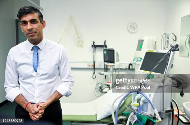 British Prime Minister Rishi Sunak visits St George's hospital on March 16, 2023 in London, England. The UK Government has announced a pay rise for...