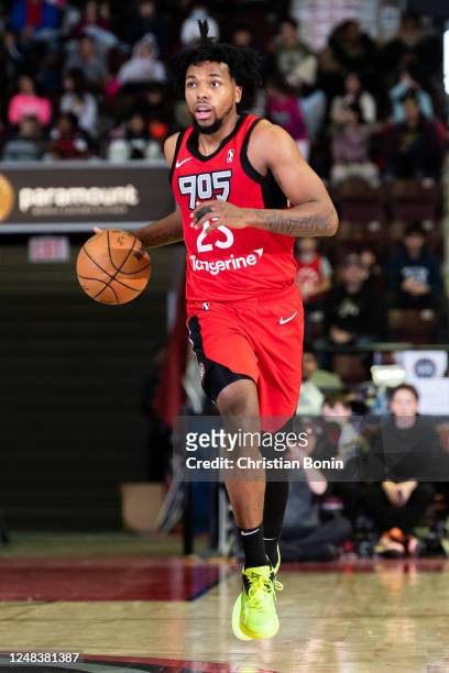 Sterling Brown of the Raptors 905 handles the ball during an NBA G League game against the Lakeland Magic at the Paramount Fine Foods Centre on March...
