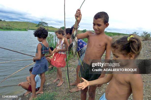 Cuban children, residents of Tunas, Cuba, fish the swelling river after the passage of the tropical storm Debby 24 August 2000. Ninos cubanos vecinos...