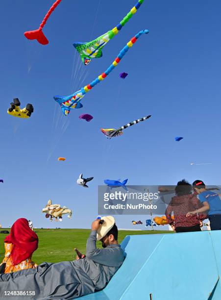 Kites fly in the air during the inaugural day of the 2023 Qatar Kite Festival at the Museum of Islamic Art Park Hills in Doha, Qatar on 16 March...