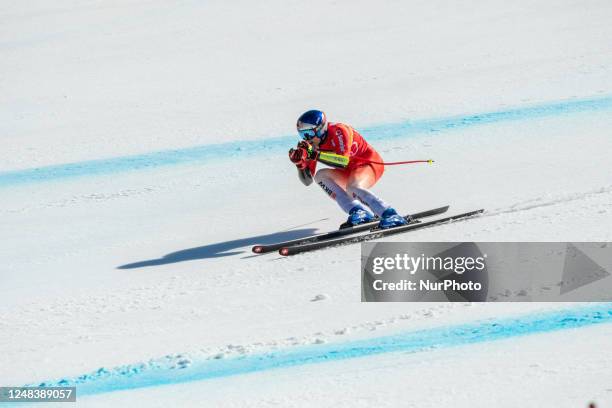 Marco ODERMATT of Switzerland is in action during the Audi FIS Alpine Ski World Cup 2023 Super G Discipline Women's Downhill on March 16, 2023 in El...