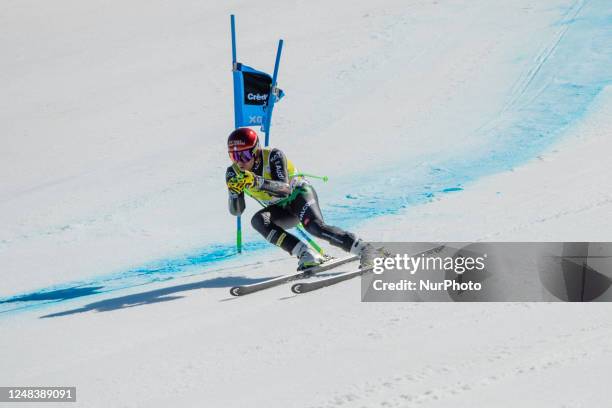 Guglielmo BOSCA of Italy is in action during the Audi FIS Alpine Ski World Cup 2023 Super G Discipline Women's Downhill on March 16, 2023 in El...