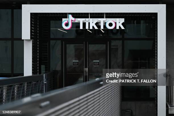 The TikTok logo is displayed outside TikTok social media app company offices in Culver City, California, on March 16, 2023. - China urged the United...