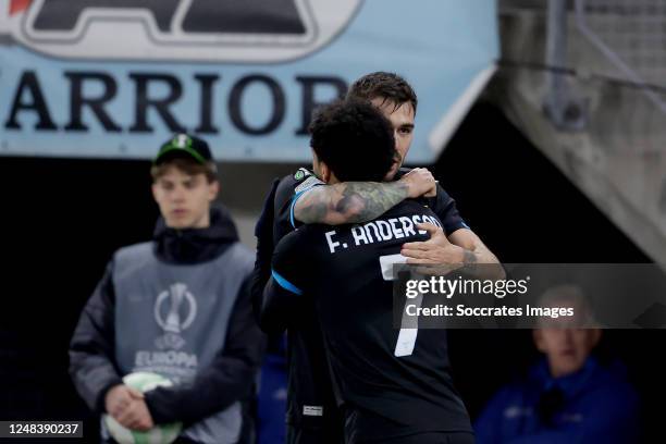 Felipe Anderson of Lazio celebrates 0-1 with Alessio Romagnoli of Lazio during the Conference League match between AZ Alkmaar v Lazio at the AFAS...