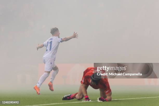 Michal Skoras of Lech Poznan scores the 3-0 goal during the UEFA Europa Conference League round of 16 leg two match between Djurgardens IF and Lech...