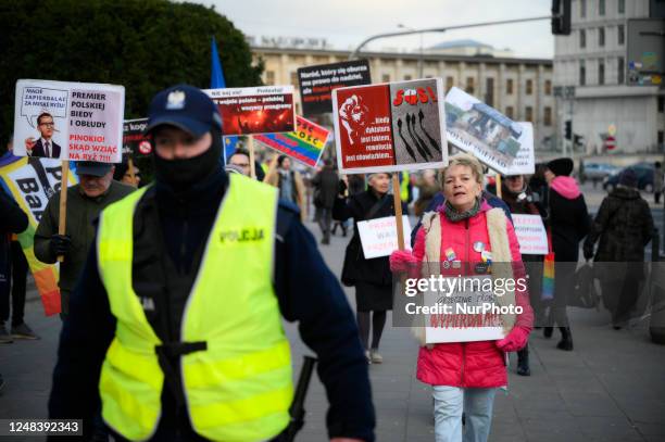 Members of the &quot;Polish Grandmas&quot; protest group are seen marching during an anti-government rally with police presence on 16 March, 2023 in...