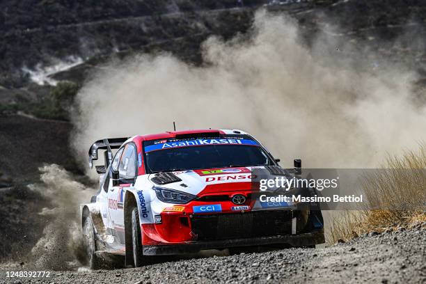 Sebastien Ogier of France and Vincent Landais of France compete in their Toyota Gazoo Racing WRT Toyota GR Yaris Rally1 Hybrid during Day One of the...