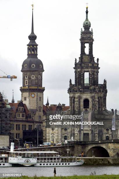 View taken 30 September 2005 of Dresden's baroque Hofkirche cathedral on the banks of the Elbe river. The cathedral was built from 1737 to 1755 and...
