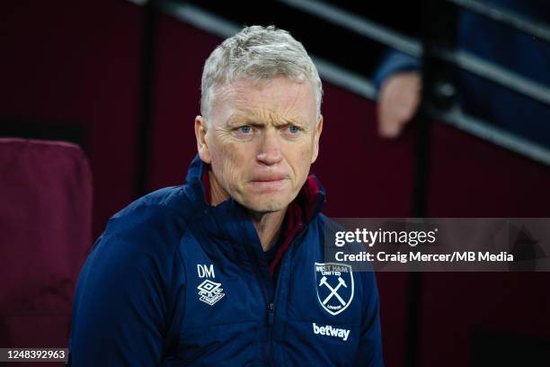 West Ham United manager David Moyes looks on ahead o fthe UEFA Europa Conference League round of 16 leg two match between West Ham United and AEK...