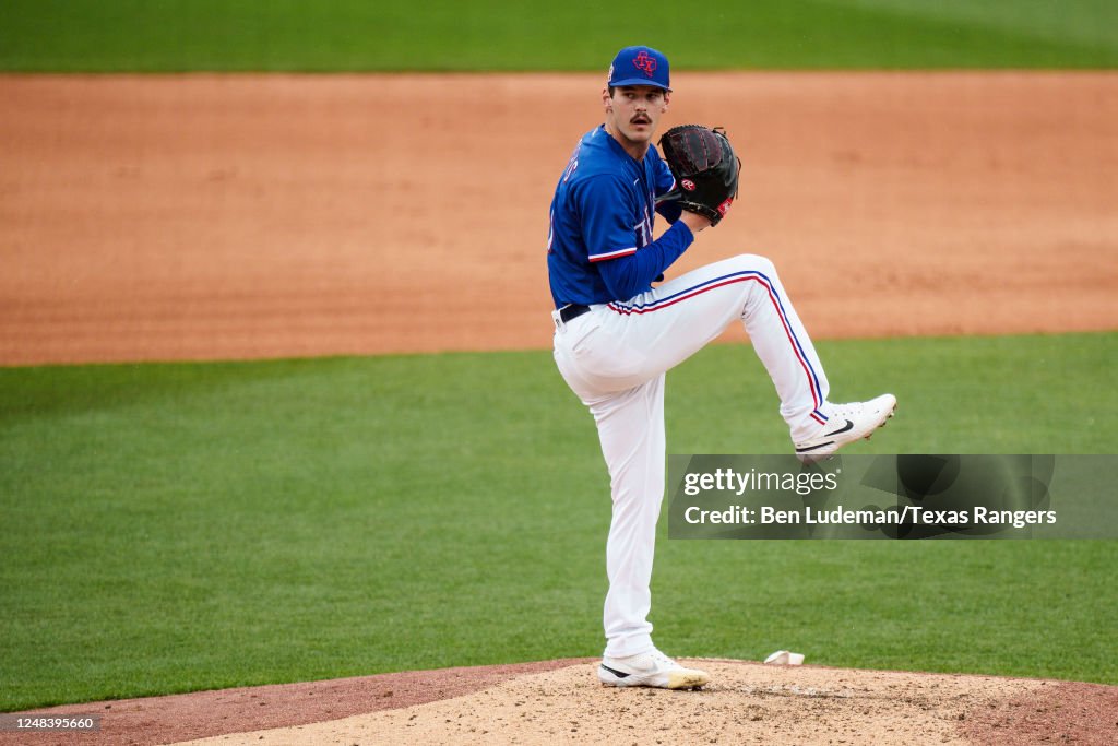 Texas Spring Training Cole Ragans of the Texas Rangers delivers a pitch during a spring ...