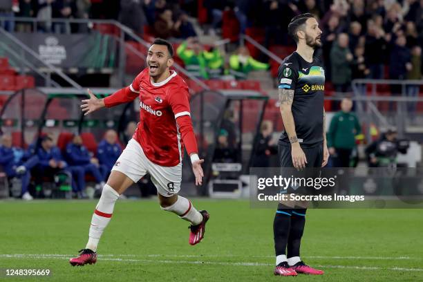 Vangelis Pavlidis of AZ Alkmaar celebrates 2-1 during the Conference League match between AZ Alkmaar v Lazio at the AFAS Stadium on March 16, 2023 in...