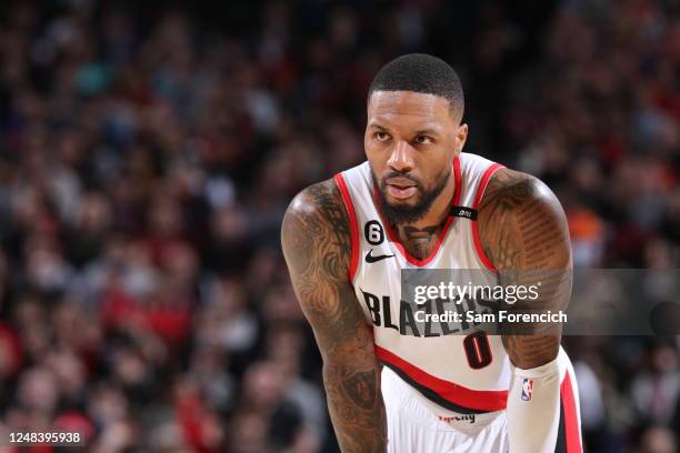 Damian Lillard of the Portland Trail Blazers looks on during the game on March 14, 2023 at the Moda Center Arena in Portland, Oregon. NOTE TO USER:...