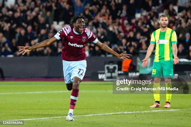 Divin Mubama of West Ham United celebrates scoring his side's fourth goal during the UEFA Europa Conference League round of 16 leg two match between...