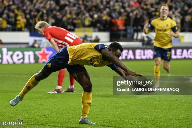 Union's Lazare Amani celebrates after scoring during a soccer game between Belgian Royale Union Saint-Gilloise and German Union Berlin, Thursday 16...